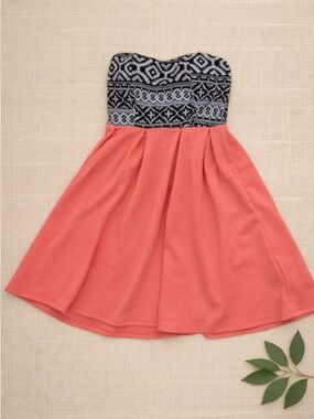 Strapless Tribal‑Print & Coral Fit‑and‑Flare Dress | Size S